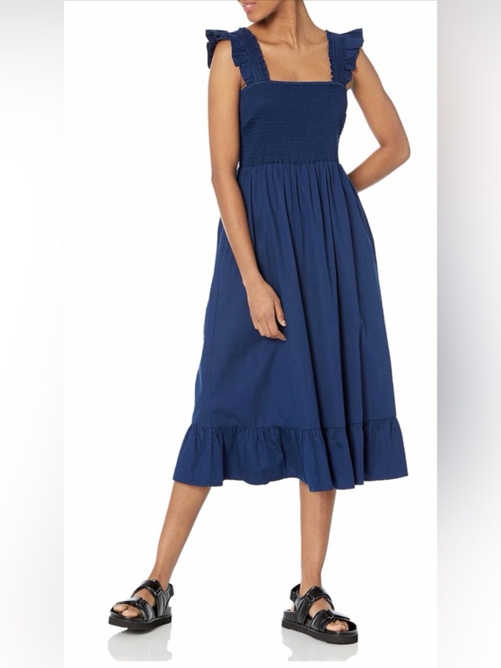 The Drop Women's Kimi Ruffled Shoulder Smocked Midi Dress